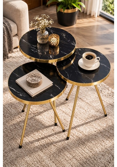 Sulorahome Siyah Mermer Desenli Gold Metal Zigon Sehpa Seti 3'lü