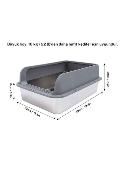 Techtic Yarı Kapalı Çelik Kedi Tuvaleti Yüksek Kenarlı Kürek Hediyeli Paslanmaz Metal Kedi Kum Kabı