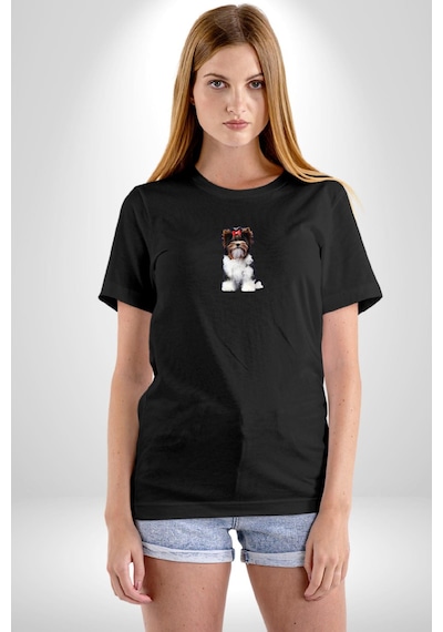 Biewer Yorshire Terrier Siyah Oversize Unisex Ön Orta Minimal Baskılı Tişört Siyah