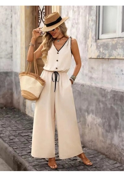 Defymoda Kadın Askıdan Bağlamalı V Yakalı Belden Süs Bağcıklı Tulum Bej