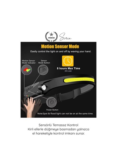Kafafeneri Sensörlü Usb Şarjlı Kafa Lambası Cob Led 5 Aydınlatma Modlu Güçlü Işıldak Dahili Pilli A Beyaz