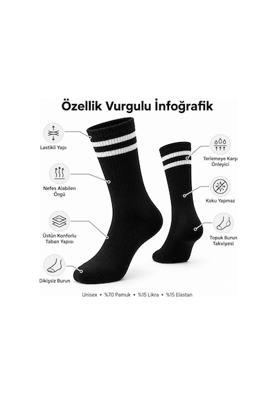 Çorap Giyim Unisex Beyaz Çorap Siyah Çizgili 12'li Set Uzun Soket Günlük Spor Kolej Stil Kadın Erkek Çorabı