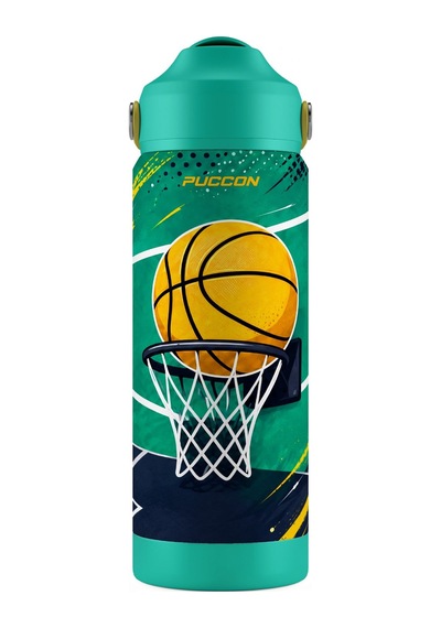 Puccon 540 Ml Basketbol Topu Baskılı Yeşil - Turuncu Erkek Çocuk Pipetli Çelik Termos Matara/suluk - 60060