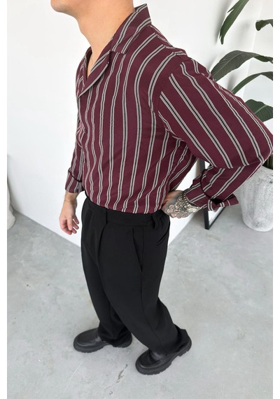 Bordo Çizgili Premium Relaxed Gömlek