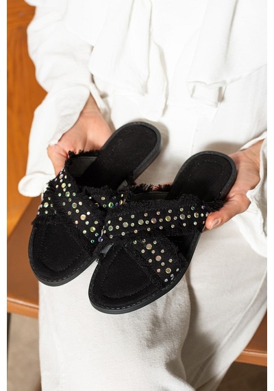 Dabab Shoes İnka Kadın Hasır Dokulu Kuş Gözü Detaylı Düz Siyah Terlik