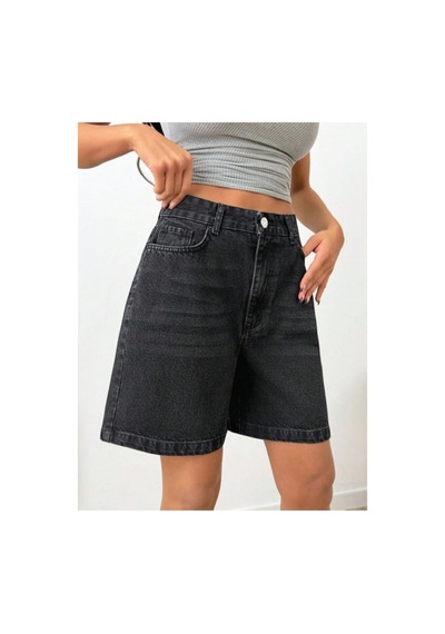 Kene Jeans Bıyıklı Siyah İşlemli Kot Denim Şort Siyah İşlemli