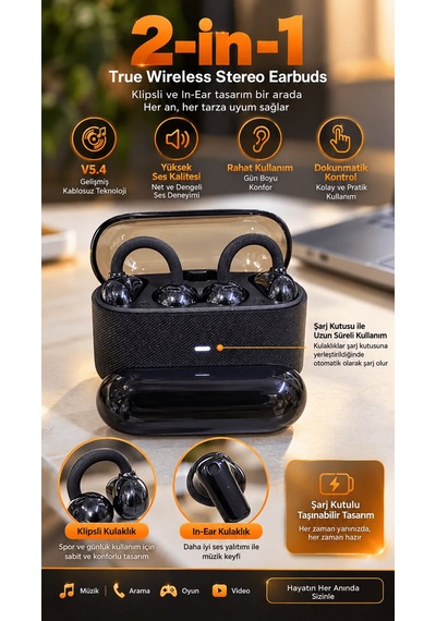 Kablosuz Bluetooth Kulaklık 2 Si 1 Arada Klipsli Kulak İçi 4 Lü S