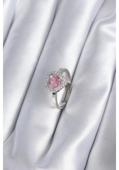 Mey İthalat Pirinç Gümüş Renk Pembe Zirkon Taşlı Charm Model Kadın Yüzük Çok Renkli