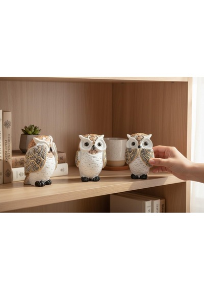 Feng Shui Görmedim Duymadım Bilmiyorum 3 Lü Baykuş Biblo Seti 10 Cm. Dekoratif Ev & Ofis Hediyesi