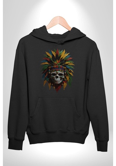 Kurukafa İskelet Kızılderili Tüy Kartal Şefi Kadın Erkek Siyah Kapüşonlu Sweatshirt Hoodie Siyah