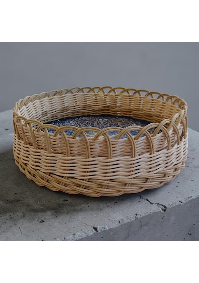 Handanrattan Mandala Desenli El Örgüsü Yuvarlak Rattan Tepsi Sepet 32x11 Cm Doğal Hasır - Kahve Tonları- Mavi