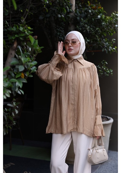 Şakika Kadın Büzgü Detaylı Premium Gömlek Camel