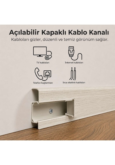 Esquero Kablo Kanallı PVC Süpürgelik 250 cm, Açılabilir Kapaklı, Çınar Arizona, ESQ602