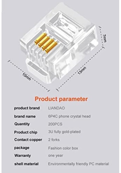 Primex Plus Px-6p4c Rj11-4lü 4 Pinli Konnektör, 100 Lü Paket 6p4c Telefon Jack, Rj11 Telefon Kablo Ucu, Modem Dsl Fax Santral Hat Kablosu Sonlandırma Konnektörü, Şeffaf Rj11 Plug