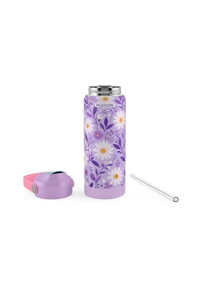 Puccon 540 Ml Papatya Desenli Beyaz - Lila Kız Çocuk Pipetli Çelik Termos Matara/suluk - 60057