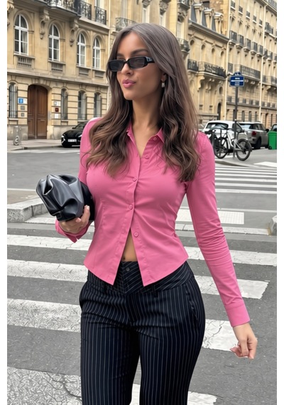 Seeh Pembe Uzun Kollu Vücuda Oturan Gömlek Sh356 Basic