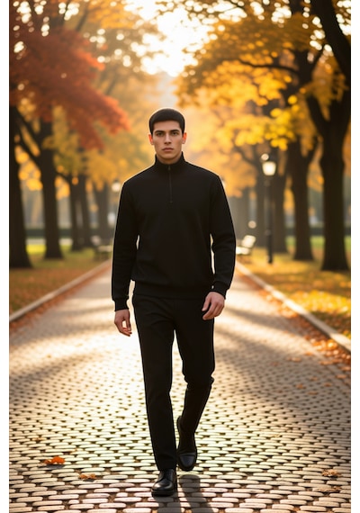 Benerly Erkek Dik Yaka Standart Kol Sweatshirt Pamuk Polyester siyah