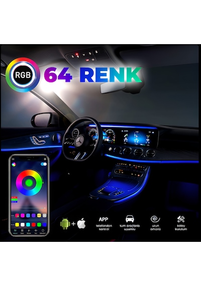 Araç İçi Ambiyans Aydınlatma 64 Renk Rgb