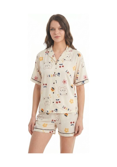Hepsine Rakip Kadın Düğmeli Kısa Kollu Şortlu Pijama Takımı Cutebear 7518 Krem