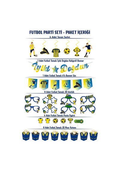 Sarı Lacivert Futbol Temalı Doğum Günü Parti Seti İyi Ki Doğdun Banner, Gözlük, Pasta Süsü Ve Mısır Kutusu
