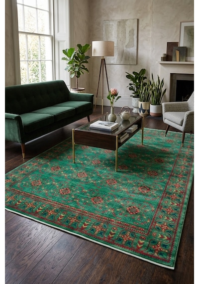 Miras Yeşil Klasik Çiçek Desenli Kalın Dokuma Kilim Halı
