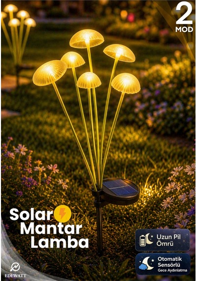 2 Adet Dekoratif Mantar Görünümlü 6lı Solar Led Lamba Güneş Enerjilli Su Geçirmez Bahçe Aydınlatma