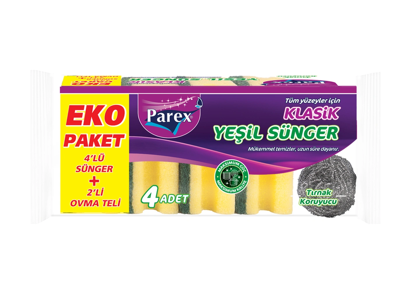 Klasik Yeşil Sünger Oluklu 4'lü + 2 Li Ovma Teli