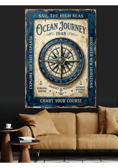Okyanus Yolculuk Pusula Vintage Poster Dekoratif Kanvas - Mdf Ahşap Tablo