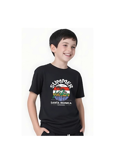 Panios Kids Summer Baskılı Erkek Çocuk Yuvarlak Yaka Kısa Kollu T-shirt Siyah