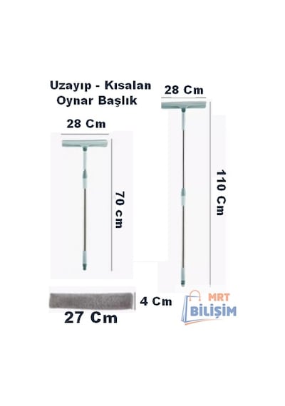 Teleskopik Cam Temizleme Uzayıp Kısalan Sap Çekçekli Mop Cam Silecek