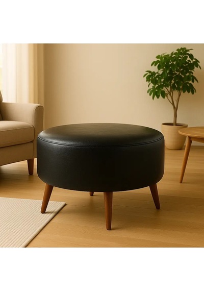 Waterybrook Suni Deri Puf Large - Ceviz Ahşap Ayaklı - Retro Modern Tasarım - Dekoratif Sehpa Siyah