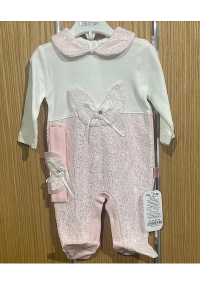 Lamato Baby Dantel Çiçekli Bandanalı Bebe Kız Tulum Pembe