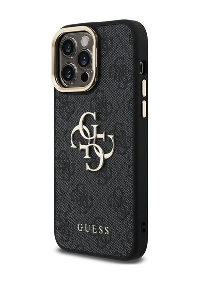 Apple iPhone 13 Pro Max Uyumlu Kılıf Guess Lisanslı Metal 4g Ve Yazı Logolu Kamera Standlı Kapak Siyah