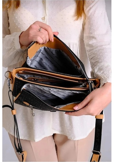 Just Polo Orijinal Kadın 3 Bölmeli Lüks Omuz Çantası Shopper Siyah - Taba