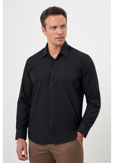 Morven Erkek Siyah Basic Düz Desen Sert Yaka Regular Fit Gömlek 24mc004110001 Siyah