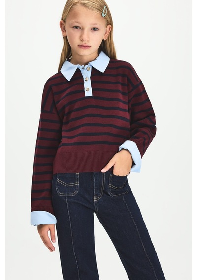 Defacto Relaxed Fit Polo Yaka Çizgili Oxford Kazak Kız Çocuk I3601a826wnbr194 Bordo-br194