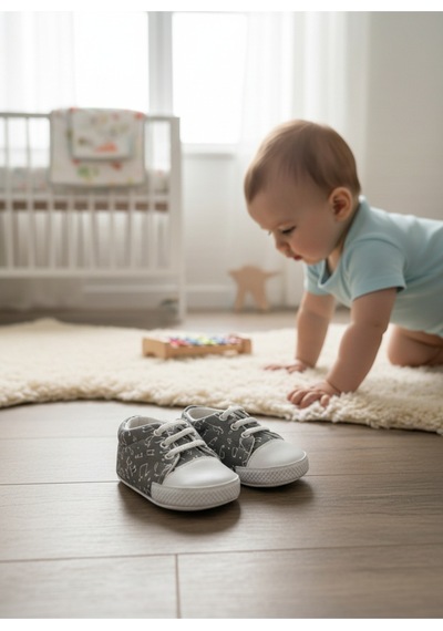 Balbeybi Bebek Klasik Müzik Notalı Ayakkabı Kaydırmaz Taban İlk Adım Ortapedik Yumuşak Taban Günlük Gri