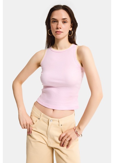 Kadın Pembe S6-98 Crop Fit Süper Elastan Sarı İşlemeli Body