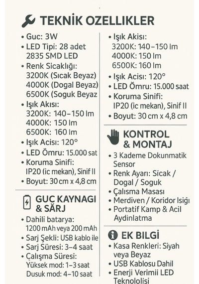 Usb Şarjlı Martı Led Lamba 3w Dokunmatik 3 Renk Işık Mıknatıslı Ve Taşınabilir Tasarım 30 Cm