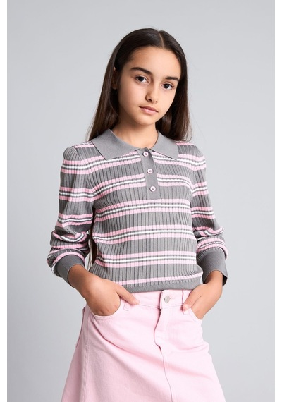 Defacto Regular Fıt Polo Yaka Çizgili Kazak Kız Çocuk I1736a826aupn452 Pembe-pn452