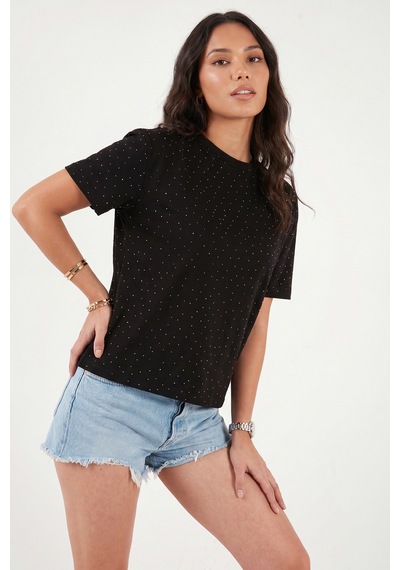 Lela Rahat Kalıp Bisiklet Yaka Taş Detaylı T Shirt Bayan T Shirt 5866943 Siyah