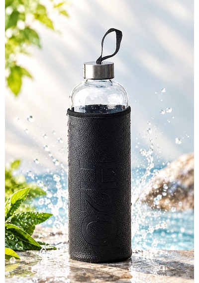 H2o Sağlıklı Cam Matara 1000 Ml Su Şişesi, Deri Kılıflı 1 Lt Sporcu Suluğu Siyah