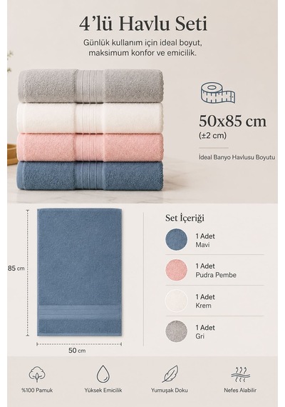 4 Lü El Yüz Havlu Seti %100 Pamuklu 50x85 Cm Aura Indigo