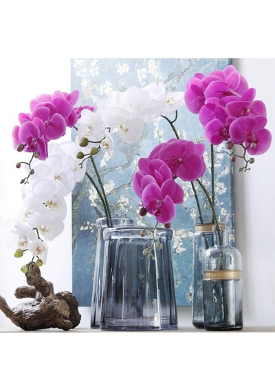 4lü Set Yapay Çiçek Fuşya Islak Orkide Ve 2 Adet Orkide Yaprağı Gerçeksi Doku Uzun Dal 90cm