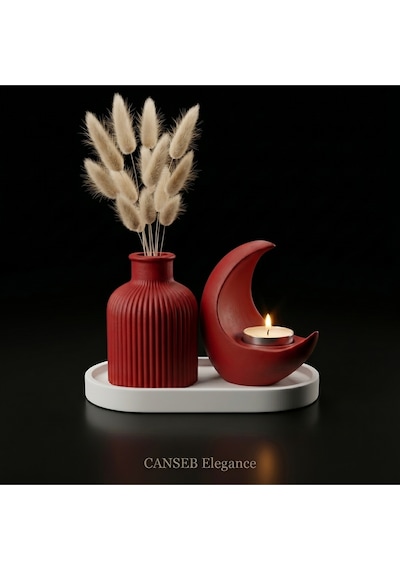 3lü Premium Avangard Hilal Ay Mumluk, Pampas Vazosu Seti - Tealight Mum Hediyeli 51316480