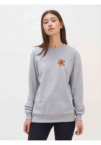Watercolor Lily Flower Baskılı Gri Kadın Sweatshirt