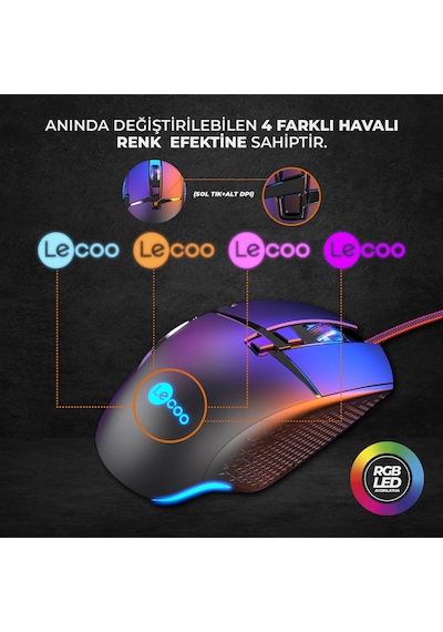 Lecoo MG1101 Kablolu 6400DPI 8 Tuşlu RGB Gaming Optik Mouse Siyah