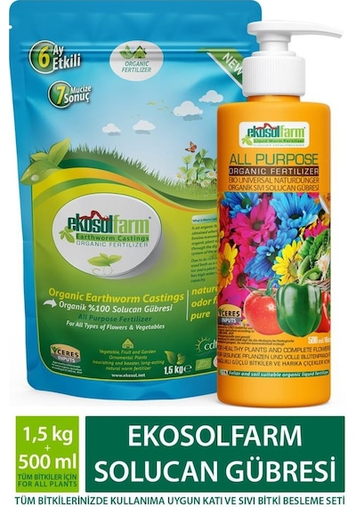 EkosolFarm Solucan Gübresi 1,5 Kg + Ekosolfarm Sıvı Solucan Gübresi 500 Ml