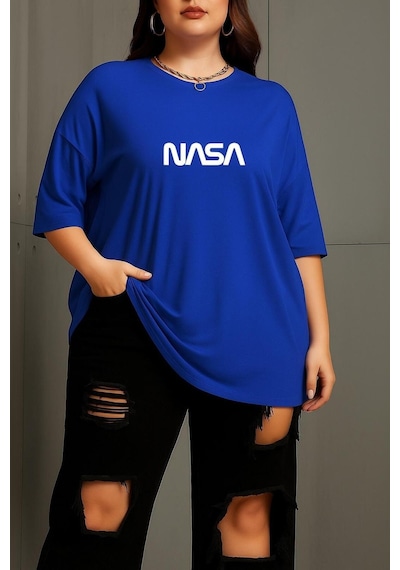 Büyük Beden Nasa Baskılı Unisex Tişört Saks Mavisi