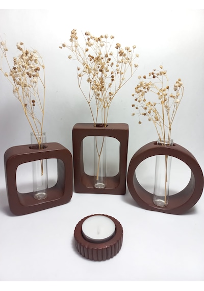 Modern Sanat Esintili, Dikdörtgen-kare-yuvarlak Formlu, Cam Tüplü Dekoratif 3'lü Vazo Set Kahverengi